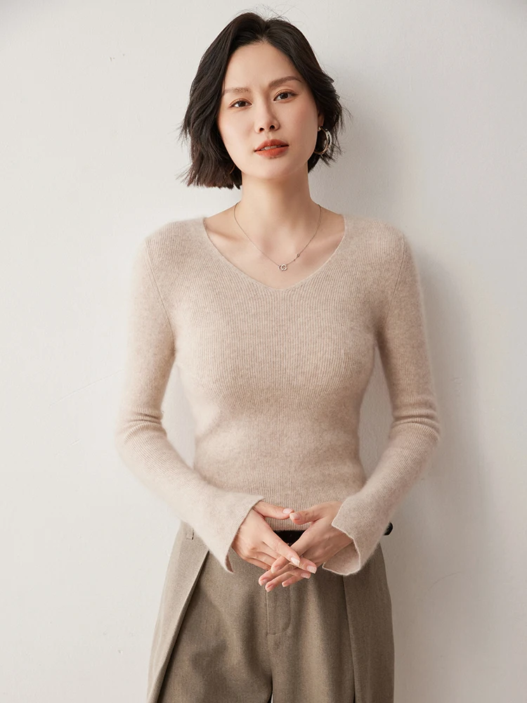 Grace Women Cashmere Pullover V-neck Basic Slim Sweater Autumn Winter 100% Cashmere Knitwear Split Sleeve Solid Comfort Clothing