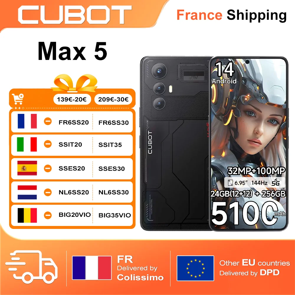 Cubot Max 5 Smartphone 5G 24 Go(12 +12) + 256 Go Android 14 6,95" 144 Hz MTK8200 4 nm GHz 100 MP caméra 5100 mAh 33 W Double Sim GPS