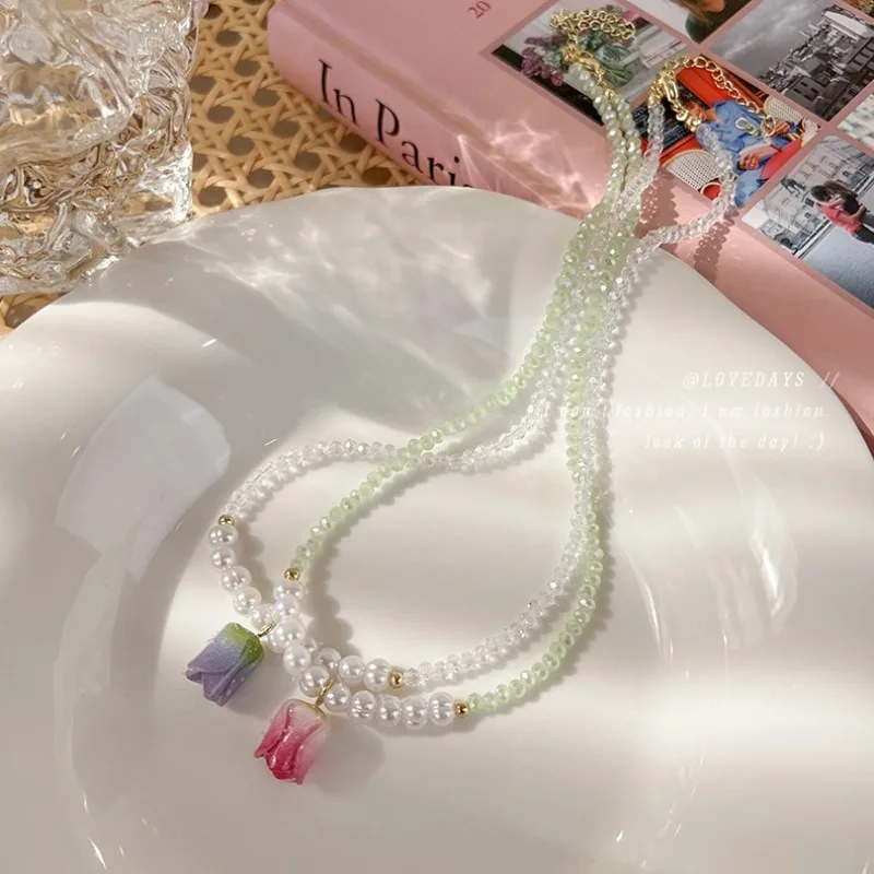 Spring Summer Tulip Pearl Crystal Choker Necklace Pendant Elegant Delicate Floral Fresh for woman Daily Wear Fashion Jewelry