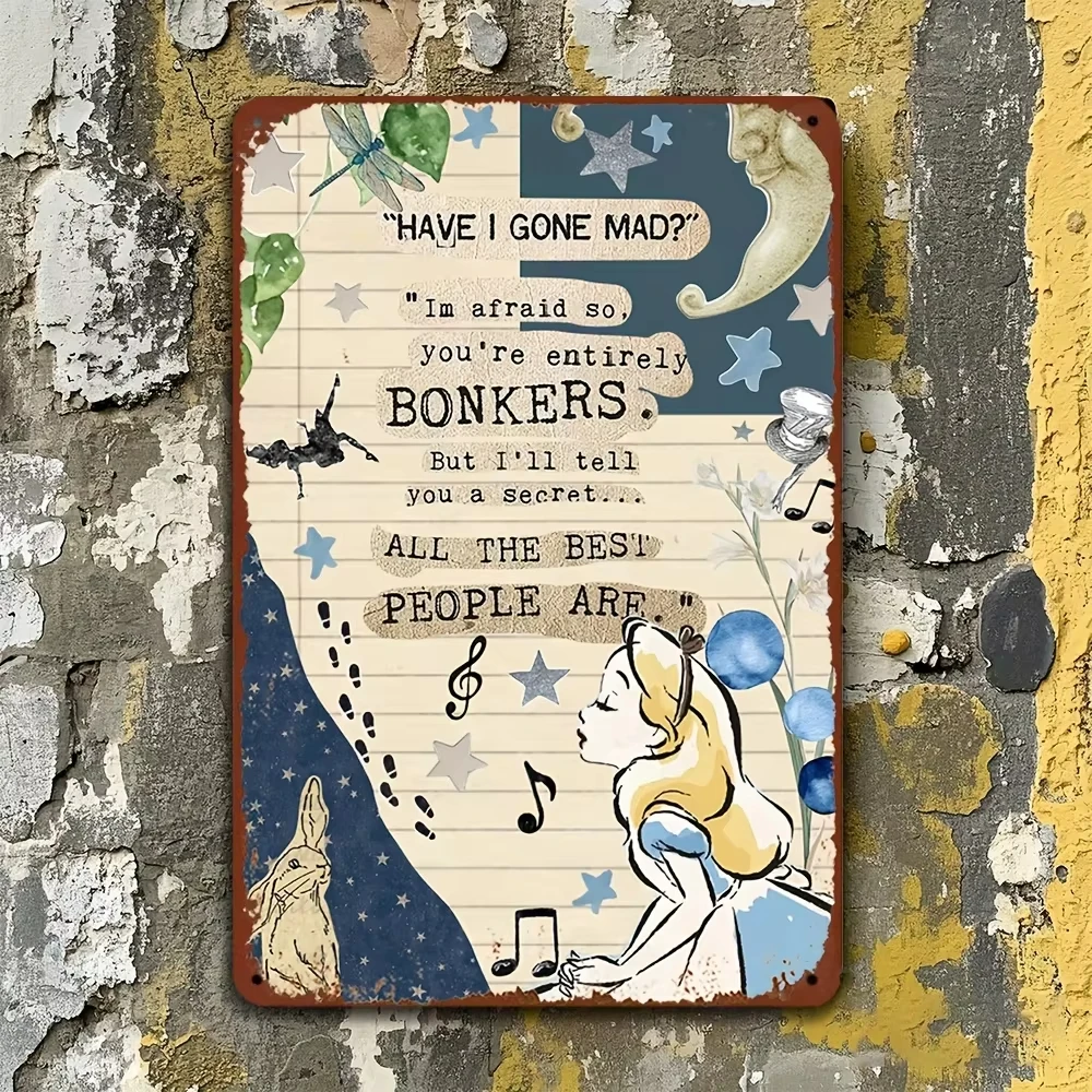 لوحة فنية جدارية مخصصة من القصدير المعدني من Alice in Wonderland - 20.32 × 30.48 سم، ديكور حديد على الطراز العتيق مع قطة شيشاير، فستان أزرق #2