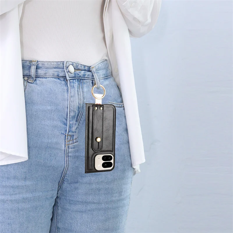 Luxury Wristband Leather Stand Case for Google Pixel 10 9 Pro Fold Cover Foldable With Ring Opener Hook Coque Fundas Capa