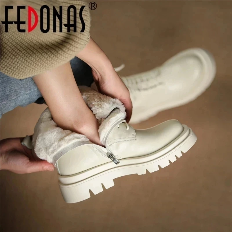 FEDONAS Outdoor Warm Casual Women Ankle Boots Autumn Winter Fur Fashion Shoes Woman Platforms Wool Genuine Leather Snow Boots