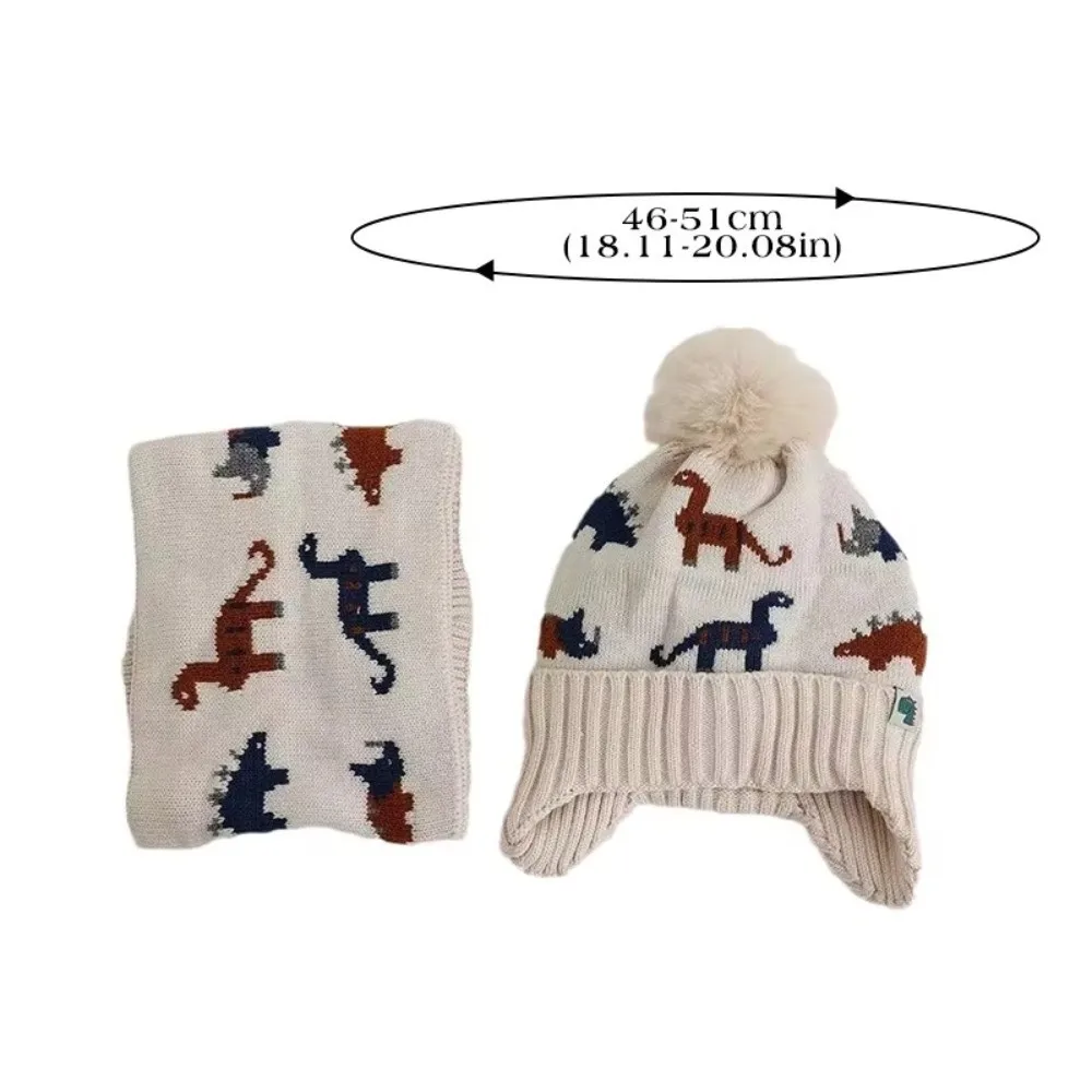 2Pcs Set Cute Thickened Baby Beanie Cap Warm Cartoon Dinosaur Scarf Set Ear Protection Knitted Hat Winter