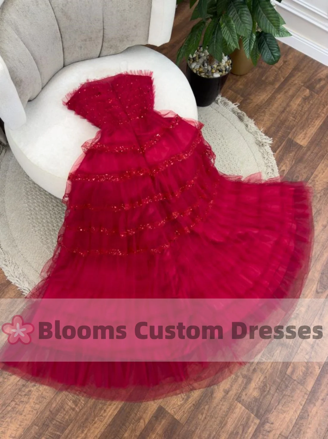 Blooms Burgundy Tulle Tiered Strapless Customized Evening Dress Sequins Formal Party Gown Princess Birthday Wedding Prom Dress