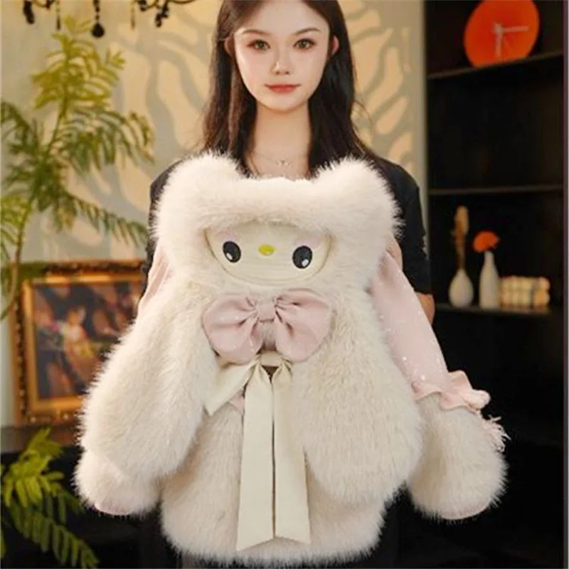 

Зимняя флисовая куртка для девочек, осень-зима 202, милая парка с меховым воротником My Melody, пальто в стиле аниме, детские теплые шерстяные милые детские топы