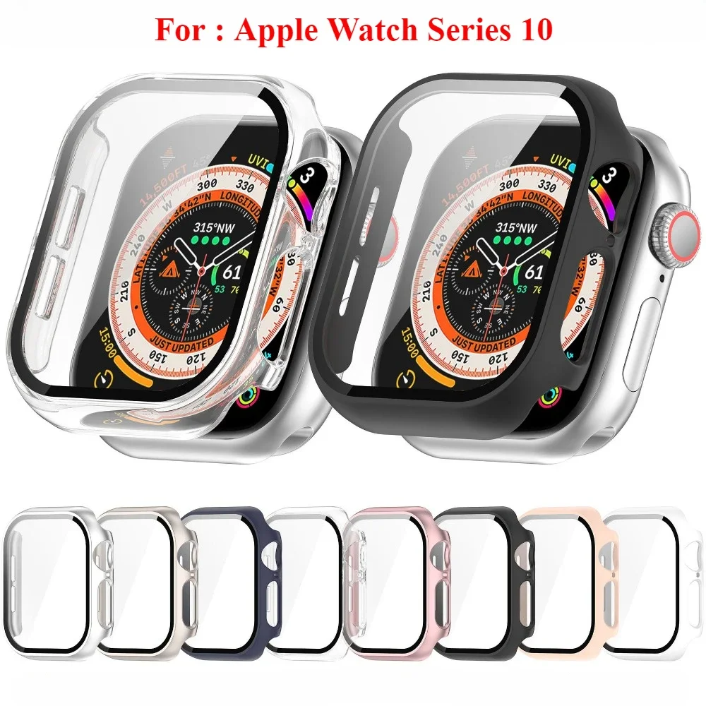 PC Case+Tempered Glass For Apple Watch Series 10 Full Cover Screen Protector Smartwatch Bumper Cleaning cotton For Apple Watch