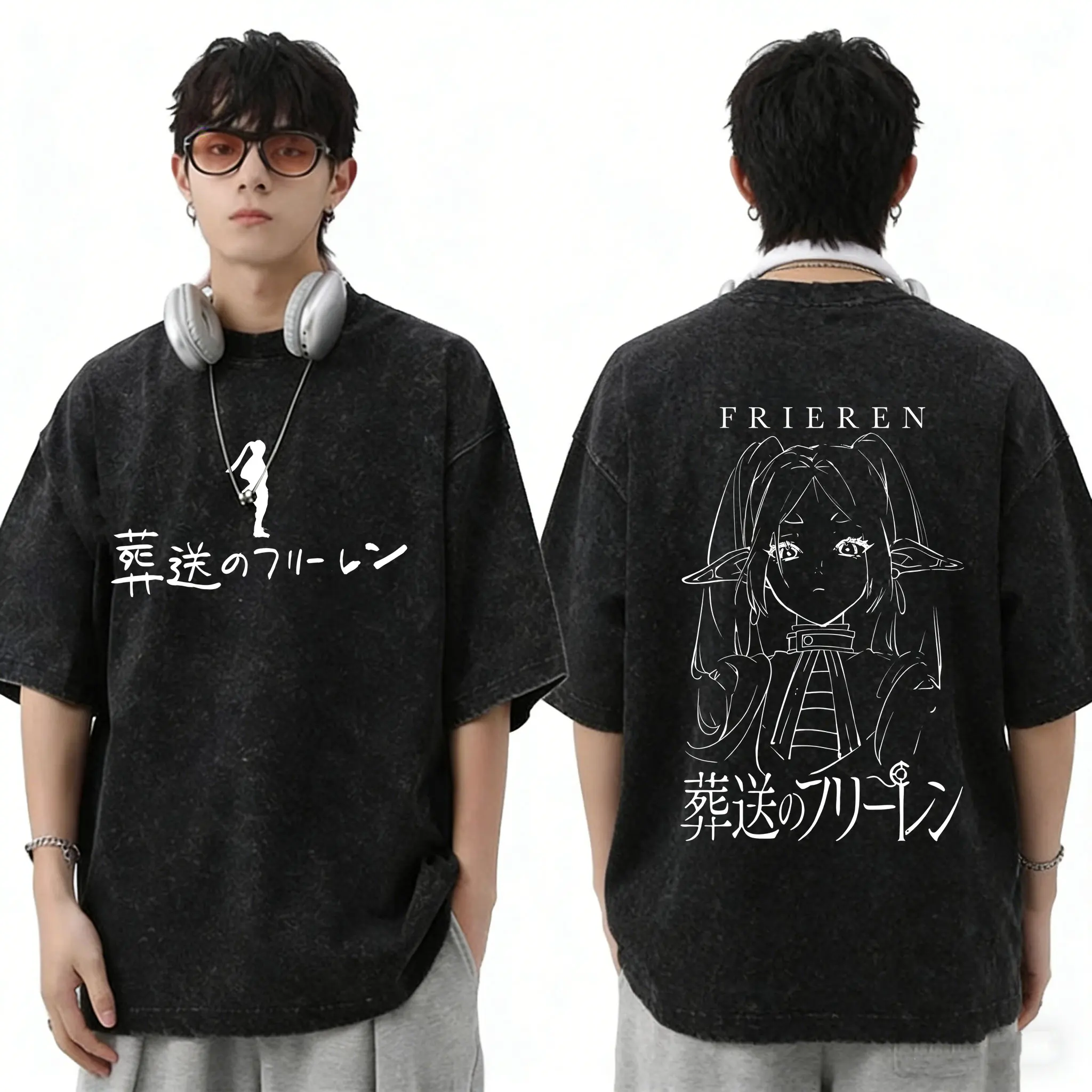 

Anime Frieren Beyond Journey's End Vintage Washed T-shirt Men Women Manga Cute Kawaii T-shirts Unisex Cotton Oversized T Shirts