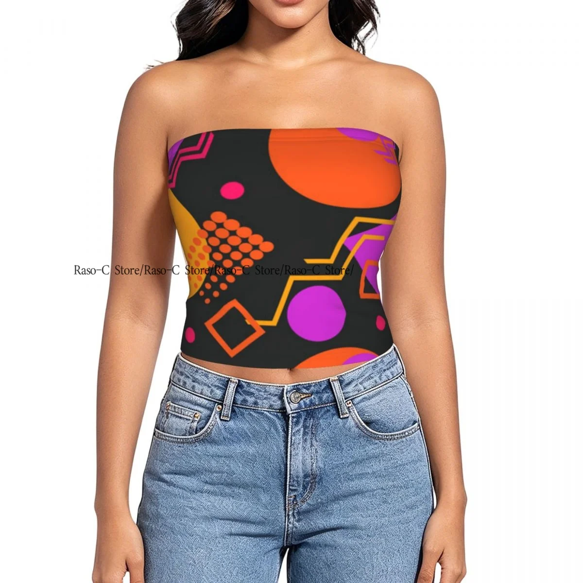 Women strapless blouses sleeveless Geometric 80s Retro Background halter-neck sexy short-sleeved blouses