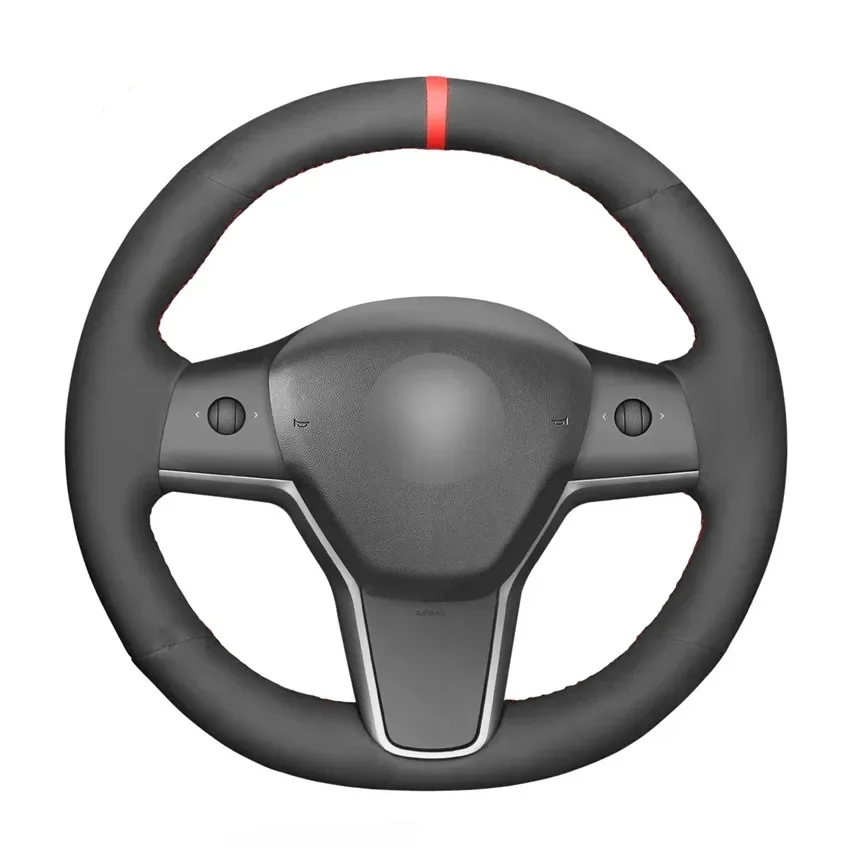 Hand Sew Black Suede Red Marker Car Steering Wheel Cover for Tesla Model 3 2017 2018 2019 2020