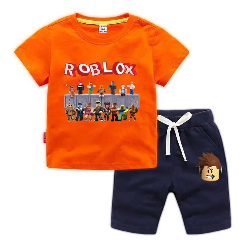 เกม Roblox เสื้อผ้ากางเกงขาสั้นแขนสั้นเสื้อยืดชุดเด็ก Homewear ชุดผ้าฝ้ายชุดนอนฤดูร้อนของขวัญวันเกิด