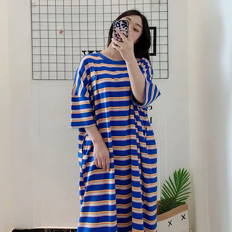 Oversized Summer Trend Loose Striped O-neck Short Sleeve Casual Dresses Women Clothing Simplicity Printing Pullover Long Dress