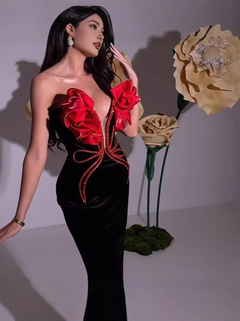 

ILADO Red Flower Appliques Sexy Diamond Bodycon Bandage Mermaid Dress Sexy Maxi Celebrity Evening Runway Party Club Dress