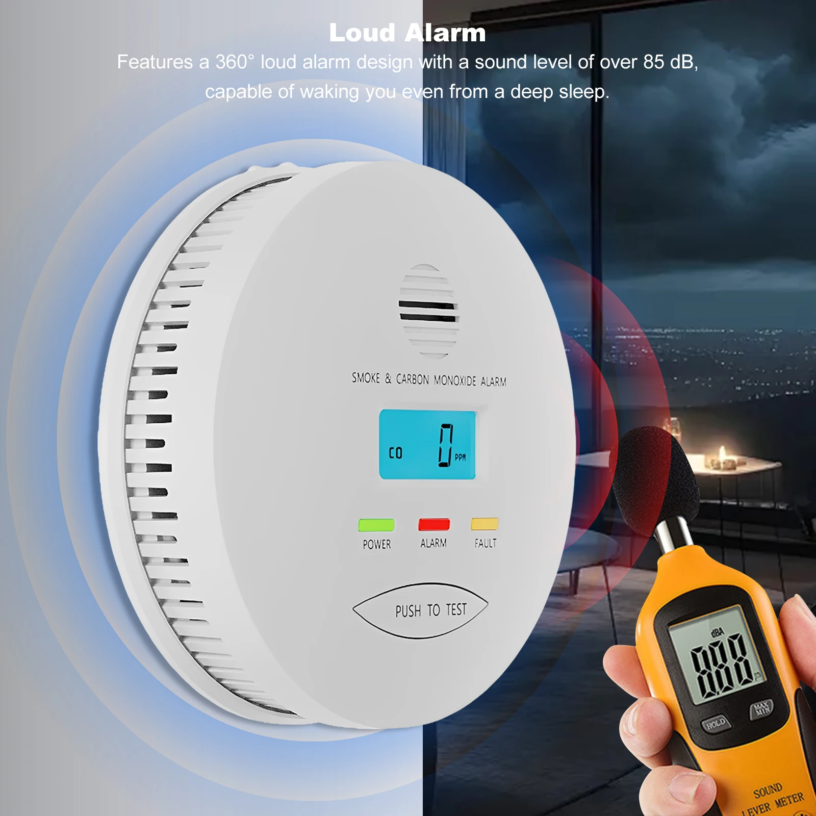 

Детектор дыма и угарного газа с цифровым ЖК-дисплеем (батареи в комплект не входят), простая установка, звуковой сигнал 85 дБ для безопасности в автодомах, кемперах и прицепах.