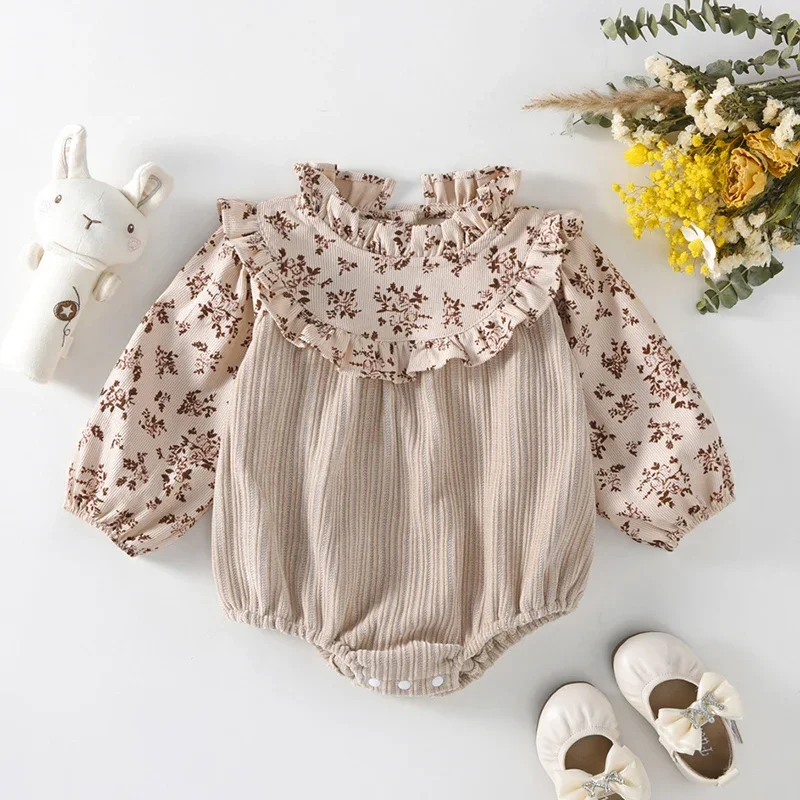 2026 New Spring Toddler Baby Girl Romper Long Sleeved Printed Splicing Infant Baby Girls Jumpsuit 0-24M Children Clothes