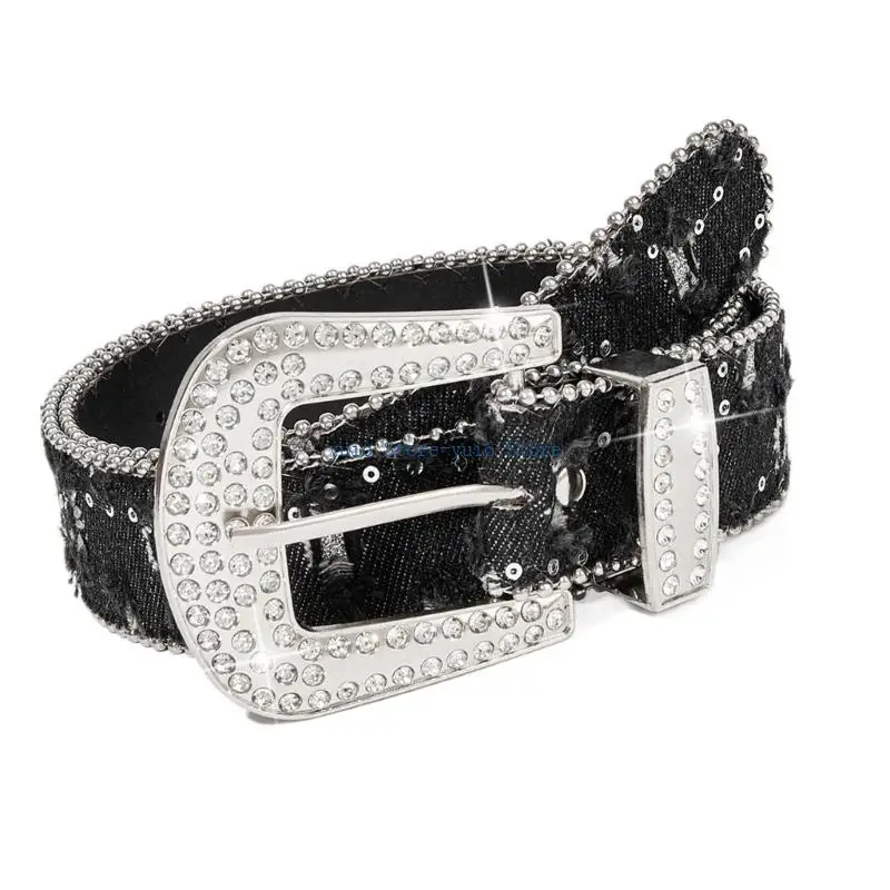 X7XB Adjustable Length Sash Rhinestoned Waistband Belt Unique Design PU Leather Girdle Secure Metal Fastener