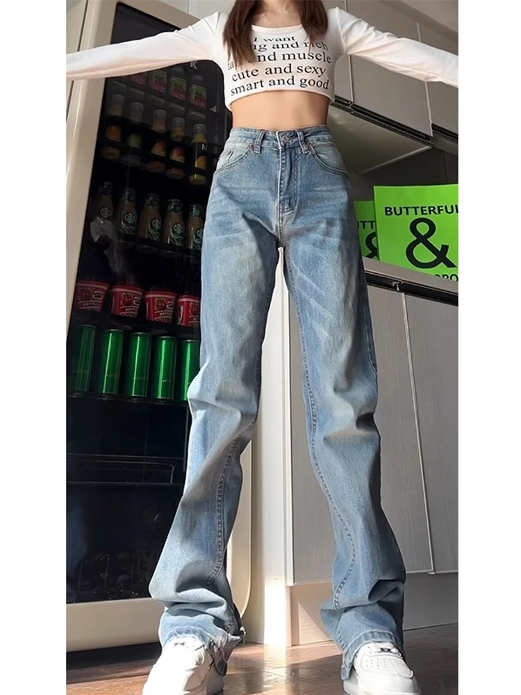 

Extended Length Tall Men's Light Wa Curved Blade Jeans American Retro Blue Vibe Micro Flared Narrow Straight Leg Jeans