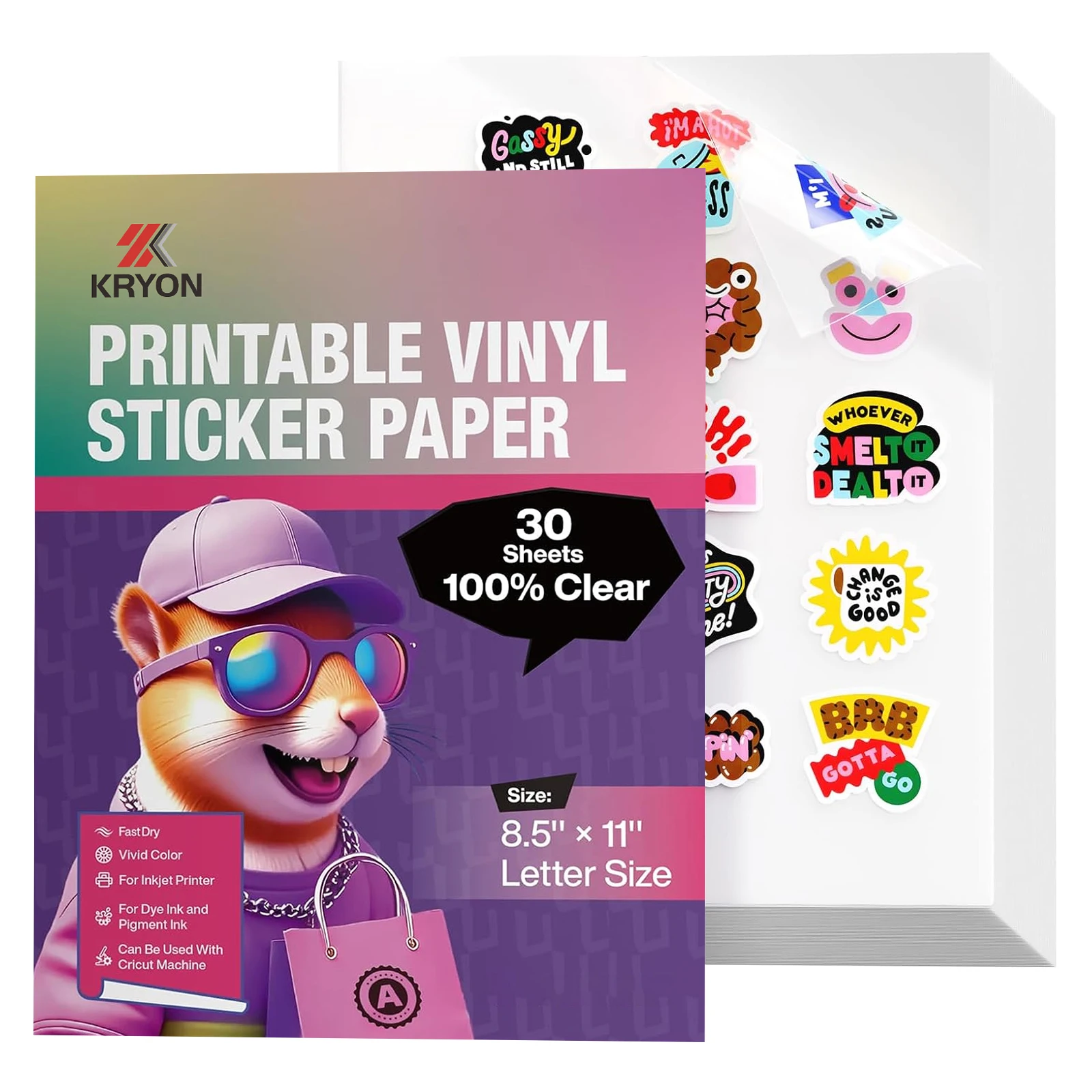 

30 листов виниловой бумаги для печати формата 8,5x11 дюймов для струйных принтеров, прозрачные, самоклеящиеся, не водостойкие.