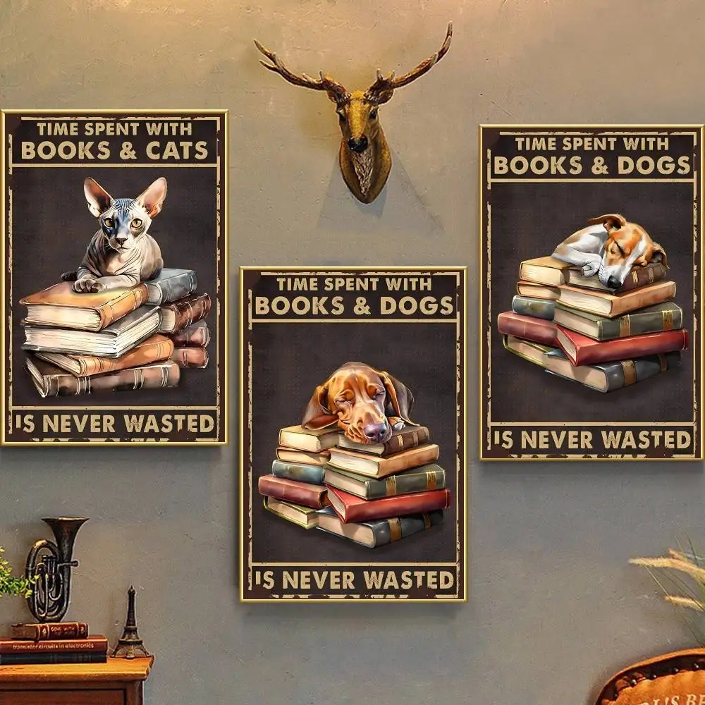 Dog And Books Poster Self-adhesive Art Waterproof Paper Sticker Coffee House Bar Room Wall Decor