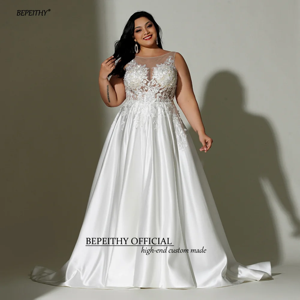 BEPEITHY Customized A Line Ivory Plus Size Satin Wedding Dresses For Women O Neck Sleeveless Sheer Sexy Curve Bridal Gowns