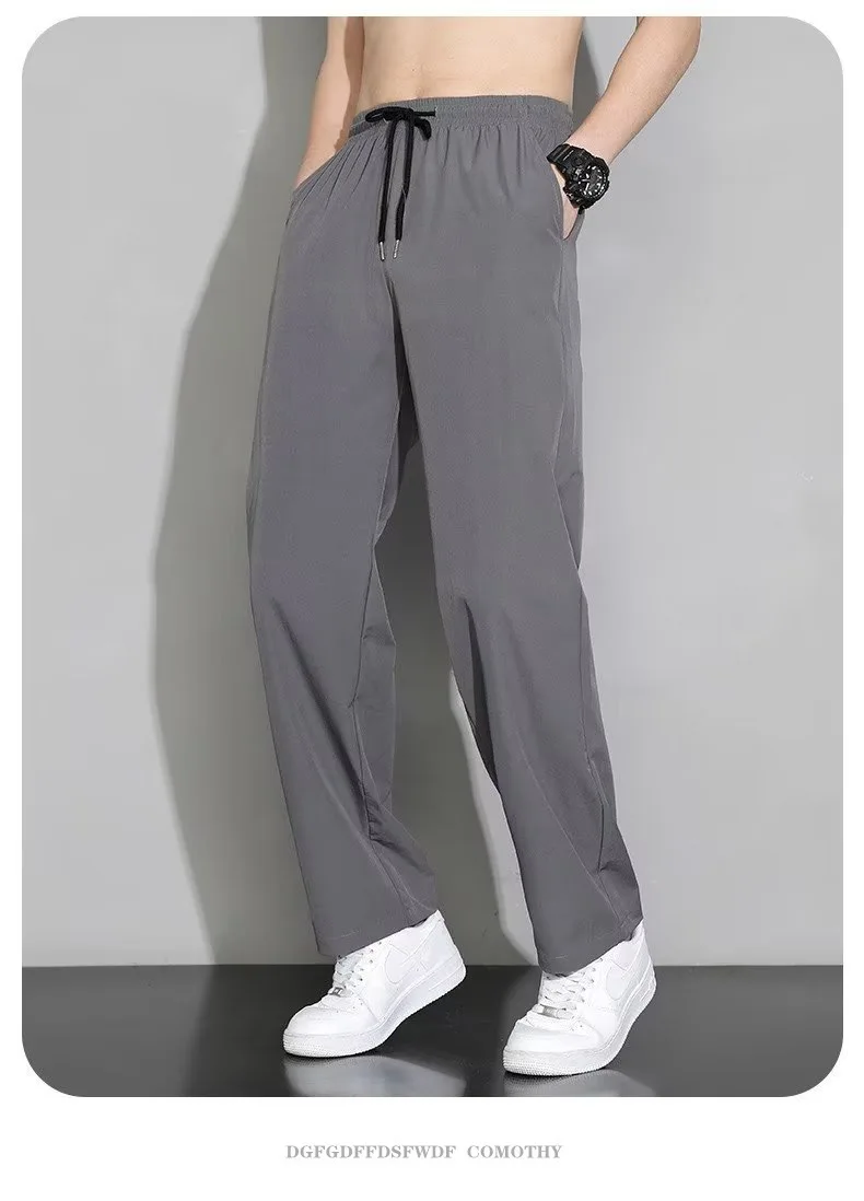 

Summer Men Casual Pants Lightweight Ice Silk Korean Style Slim Fit Loose Straight Leg Sports Long Trousers