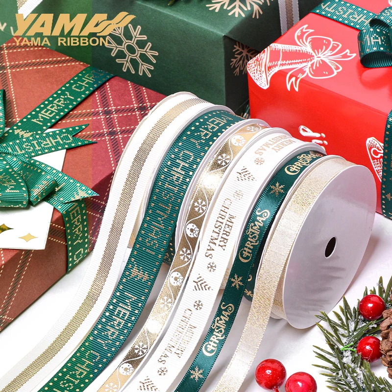 YAMA-Green and Gold Series Christmas Decoration Ribbon, DIY Xmas Tree Craft Supplies, Printed Ribbon, 9mm, 16mm