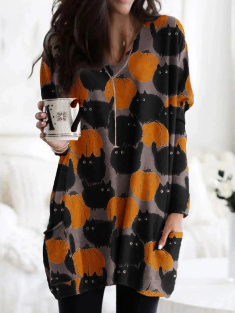 Halloween Print Long Damen irt Street Sle Round Ne Pullover Loose Fit Polyester Blend Spring Faion Damen irt