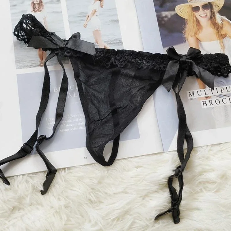 Women Sexy Lace Solid Thin Suspender Garter belt with transparent T-back G-String Belt Lingerie Bow knot sex game sm Panty