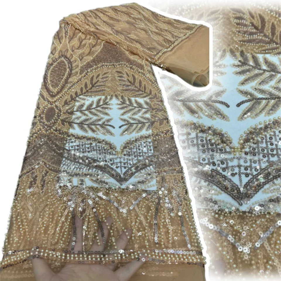

2026 African Beaded Lace Fabric Nigerian Sequin Embroidered Lace French Tulle Lace Fabric Suitable for Party Dress Sewing 2336