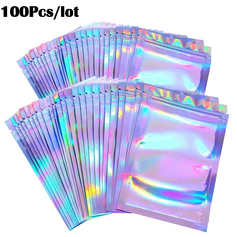 

100PCS Iridescent Zip lock Bags Pouches Cosmetic Plastic Laser Iridescent Bags Holographic Makeup Bags Hologram Zipper Bag