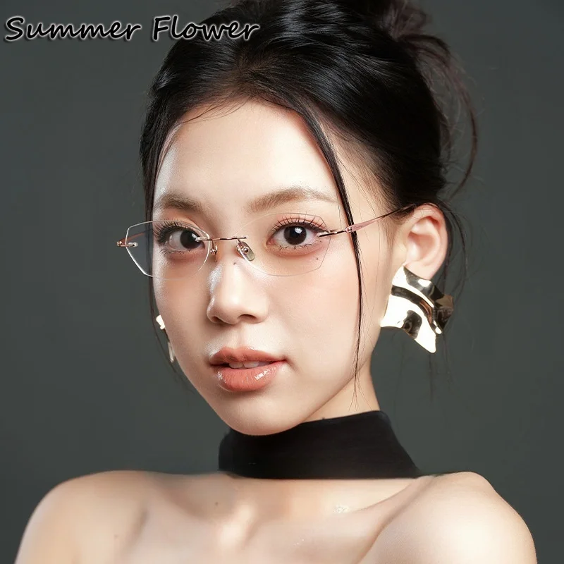 

Women Fashion Optical Eyewear Rimless Ultra Light Elegant Pure Titanium Frameless Female Prescription Glasses Spectacle