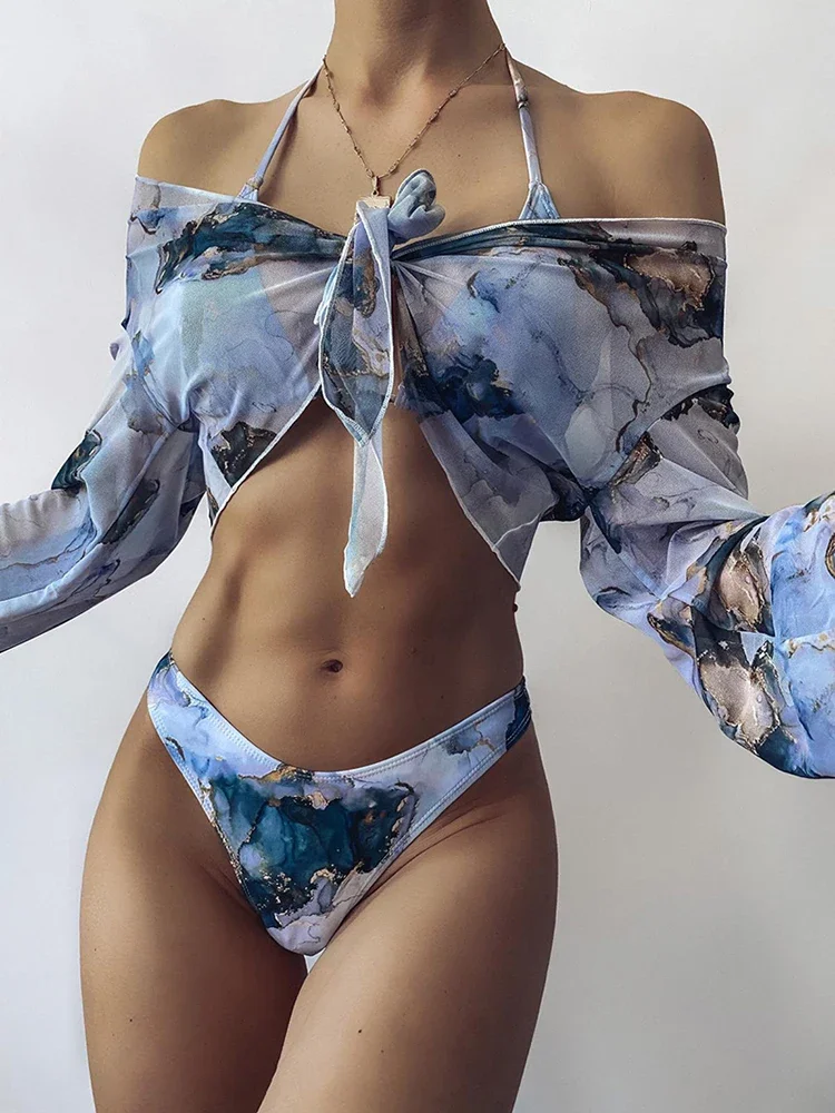 Marble Printed Mesh Long Sleeve Bikini Women Swimsuit Female Swimwear Three pieces Bikini set Halter Bathing Suit Swim Beachwear