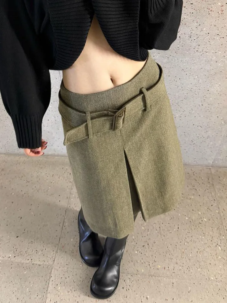 Faux Woolen Vintage Midi Skirts Women Fall Winter High Waist Sweet Belt A Line Skirt Korean Casual Retro Female Solid Slim Skirt