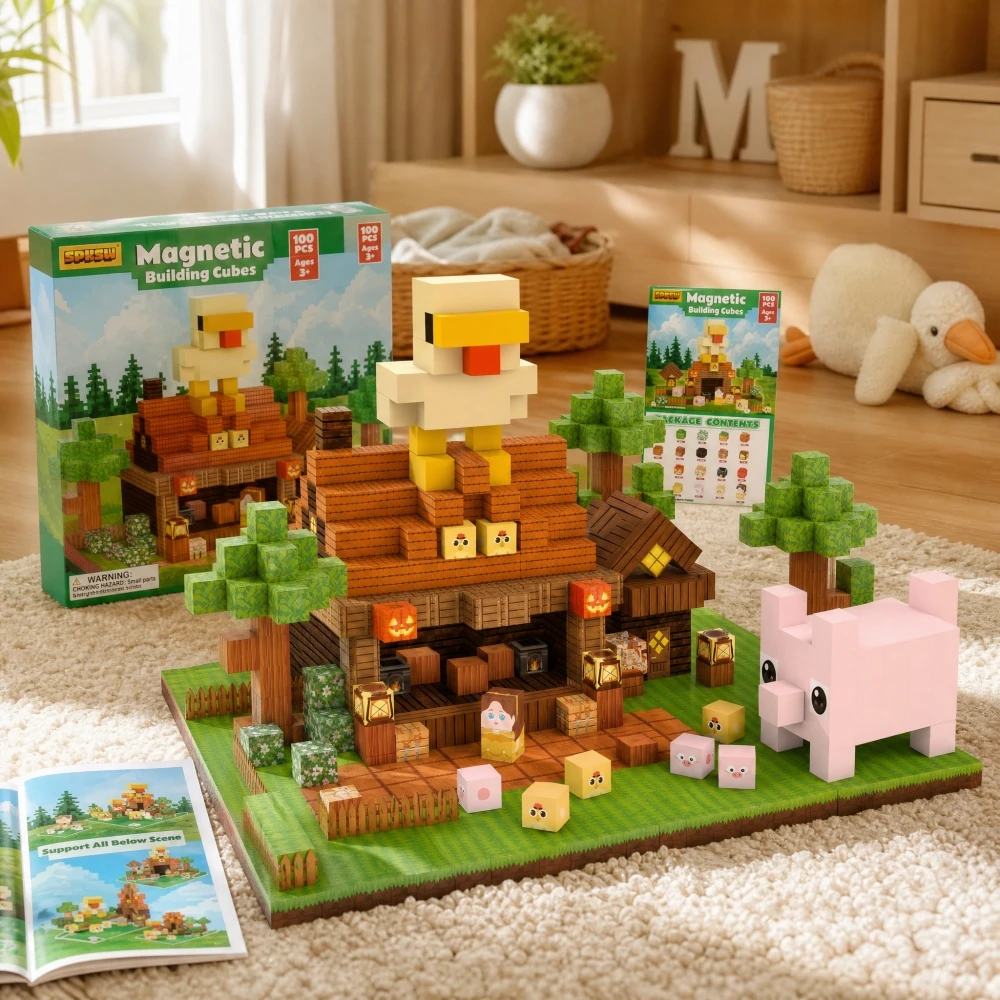 

FUNXINEE NEW Forest Chicken Farm Magnetic Blocks, DIY Pig Cabin, 3D Light Glowing Box Set, STEM Construction Toy, Creative Gift
