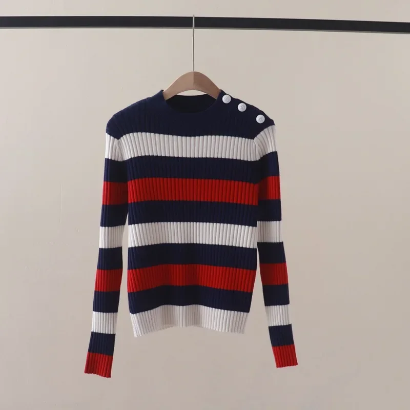 

Autumn and Winter New Contrast Color Striped round Neck Pullover Long Sleeve Sweater Slim Fit Slimming Sunken Stripe Stretch Swe