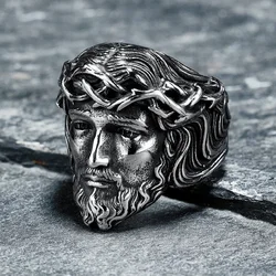 316L Stainless Steel Men Ring Christian Jesus Face Rings Religion Amulet Punk Rock for Male Biker Boyfriend Jewelry Best Gift