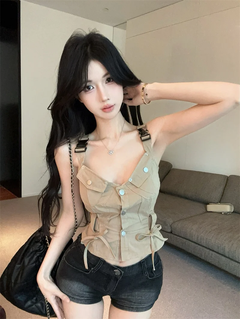 كاكي ملابس العمل ter سترة نسائية Sle الأمريكية الرجعية حار فتاة Faion تنوعا أعلى ort طول زر إغلاق واحد #1