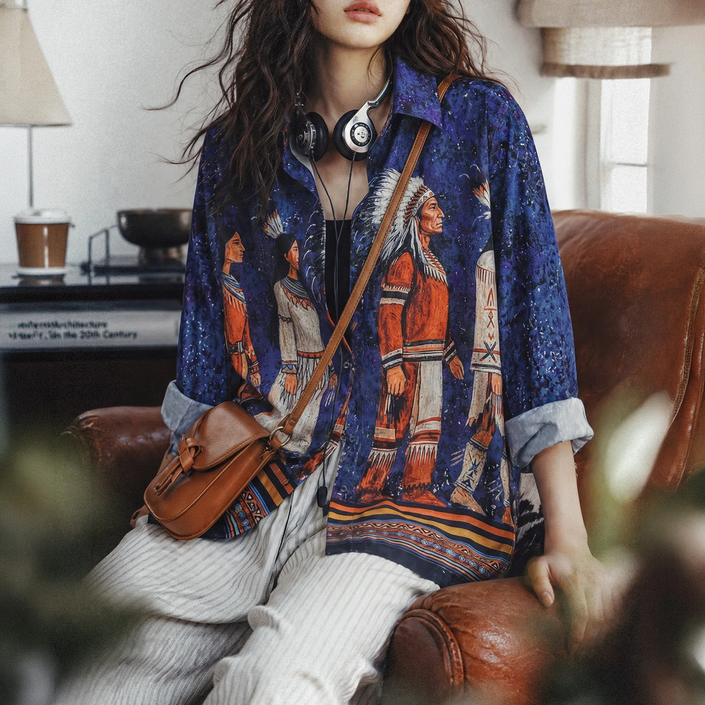 Maden Women's Vintage Printed Blouse Y2K American Retro Inspired Loose Fit Lightweight Draped Texture Casual Summer Shirt Top