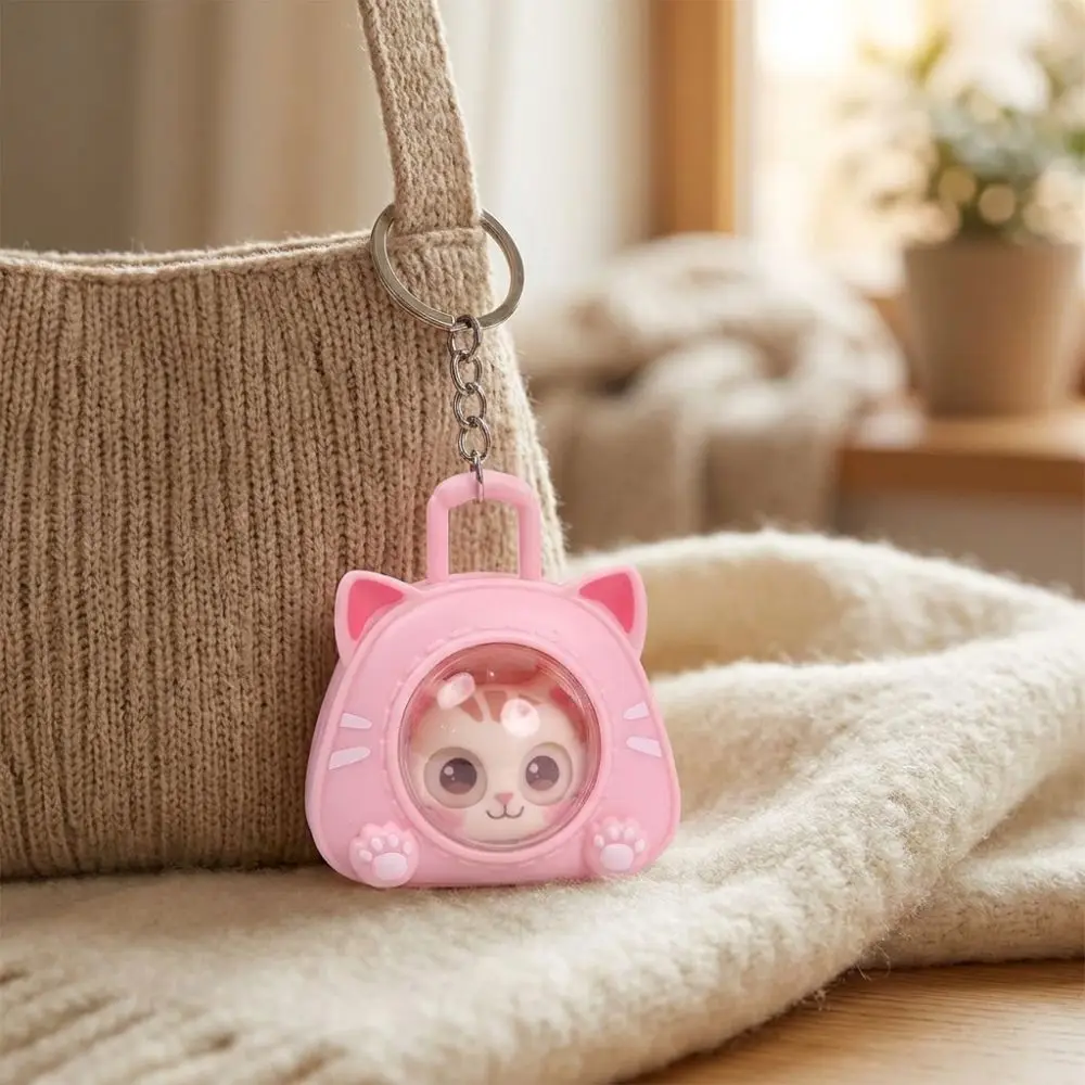 Cartoon Eye Changing Cat Bag Keychain Funny Multi Expression Cat Squeeze Sound Charm Plastic Clear Window Capsule Cat Key Chain
