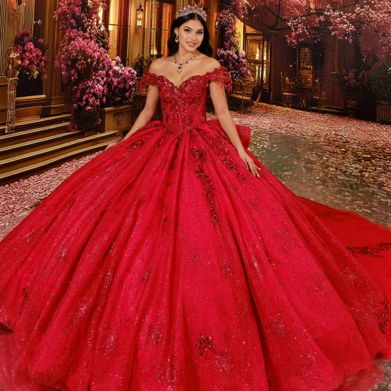 Red Glitter Quinceanera Dresses Off Shoulder Ball Gown Sweet 16 Dress Sequin Applique Lace Beads Bow Tull Corset Party Birthday