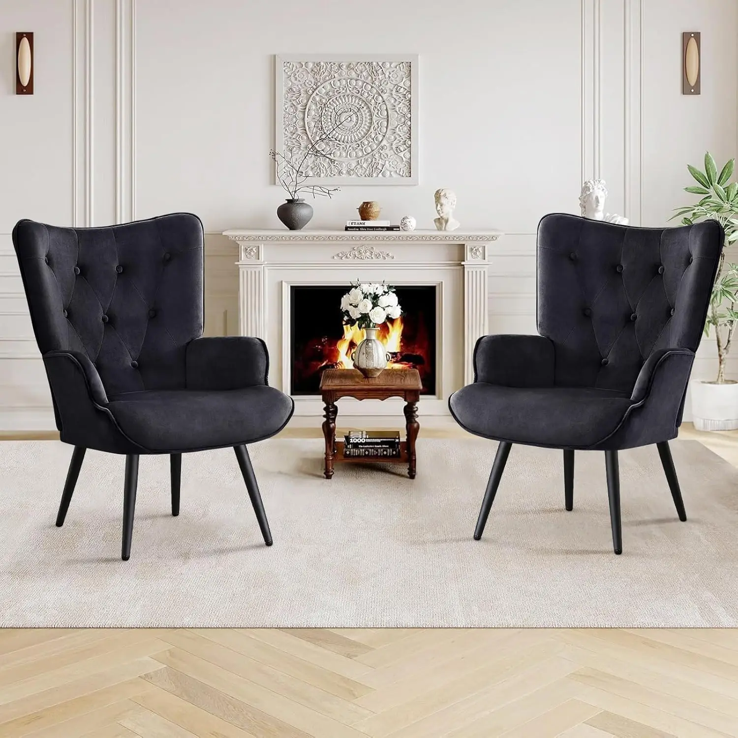 

Velvet Accent Chair for Living Room, Upholstered Reading Chair with High Backrest, Tufted-Button Wingback Armchair, Set of 2