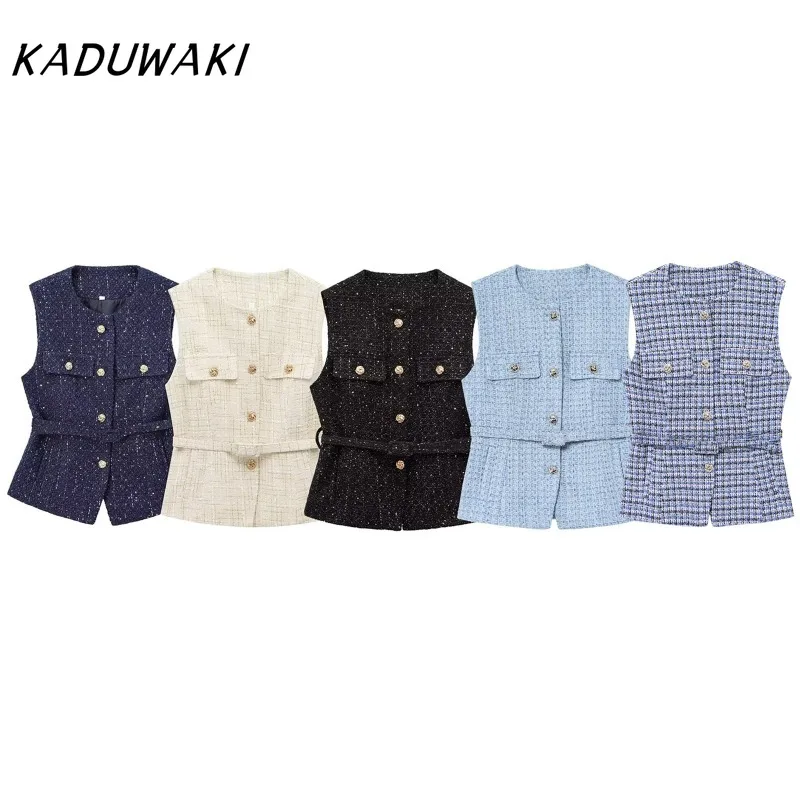 

KADUWAKI Women's Tweed Waistcoat with Belt Retro O Neck Sleeveless Front Button Female Outerwear Chic Tops Куртка Зимняя Женская