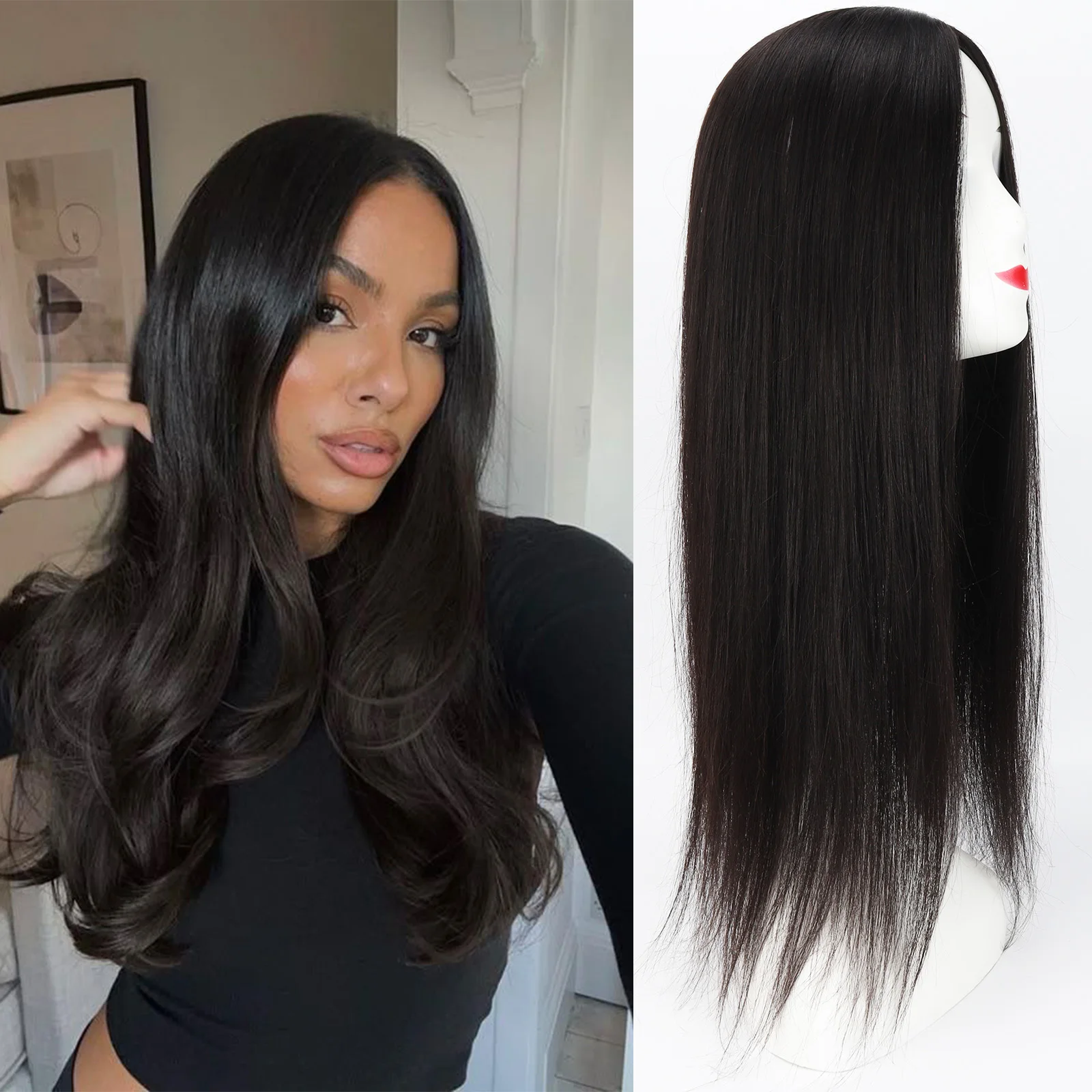 

Накладка для волос из 100% натуральных человеческих волос, прямые, 150% плотность, 15x16 см, на шелковой основе, черные волосы Реми, для женщин с выпадением волос