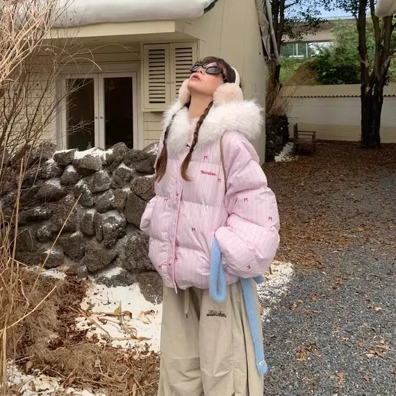 

American Design Stripe Knot Fur Collar Hooded Cotton Jacket Thick Warm Short Women's Cotton Clothes Spring 2025