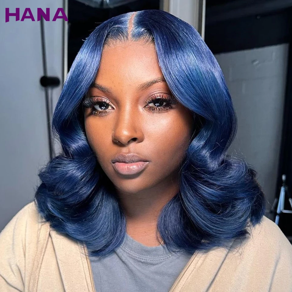 

Midnight Blue Colored Transparent Lace Body Wave 13x4 Lace Frontal Wig Pre-Plucked Remy Short Bob Human Hair Wavy Wigs For Women