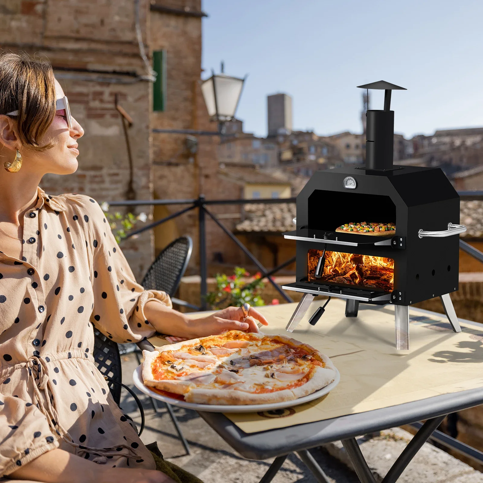 Outdoor Pizza Oven Wood Fired 2-Tier Pizza Oven Outdoor Pizza Maker with Stones, Removable Cooking Rack for Camping Backyard BBQ