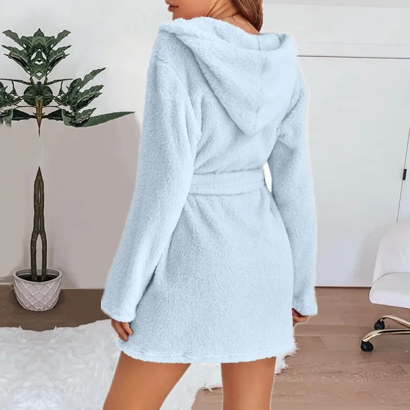 Herbst Winter Damen Sexy Bademantel Flauschiger Plüsch Pyjama Damen Kapuzen-Bademantel Einfarbiger Morgenmantel Warmer Bademantel Damen Loungewear – Detail 16