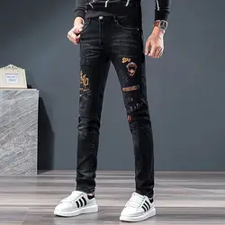 Black Slim Fit Jeans for Men Embroidered Flower Badge Rhinestones Casual Denim Pencil Pants Spring Autumn Luxury Brand Jeans