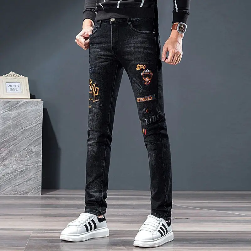 Black Slim Fit Jeans for Men Embroidered Flower Badge Rhinestones Casual Denim Pencil Pants Spring  Autumn Luxury Brand Jeans