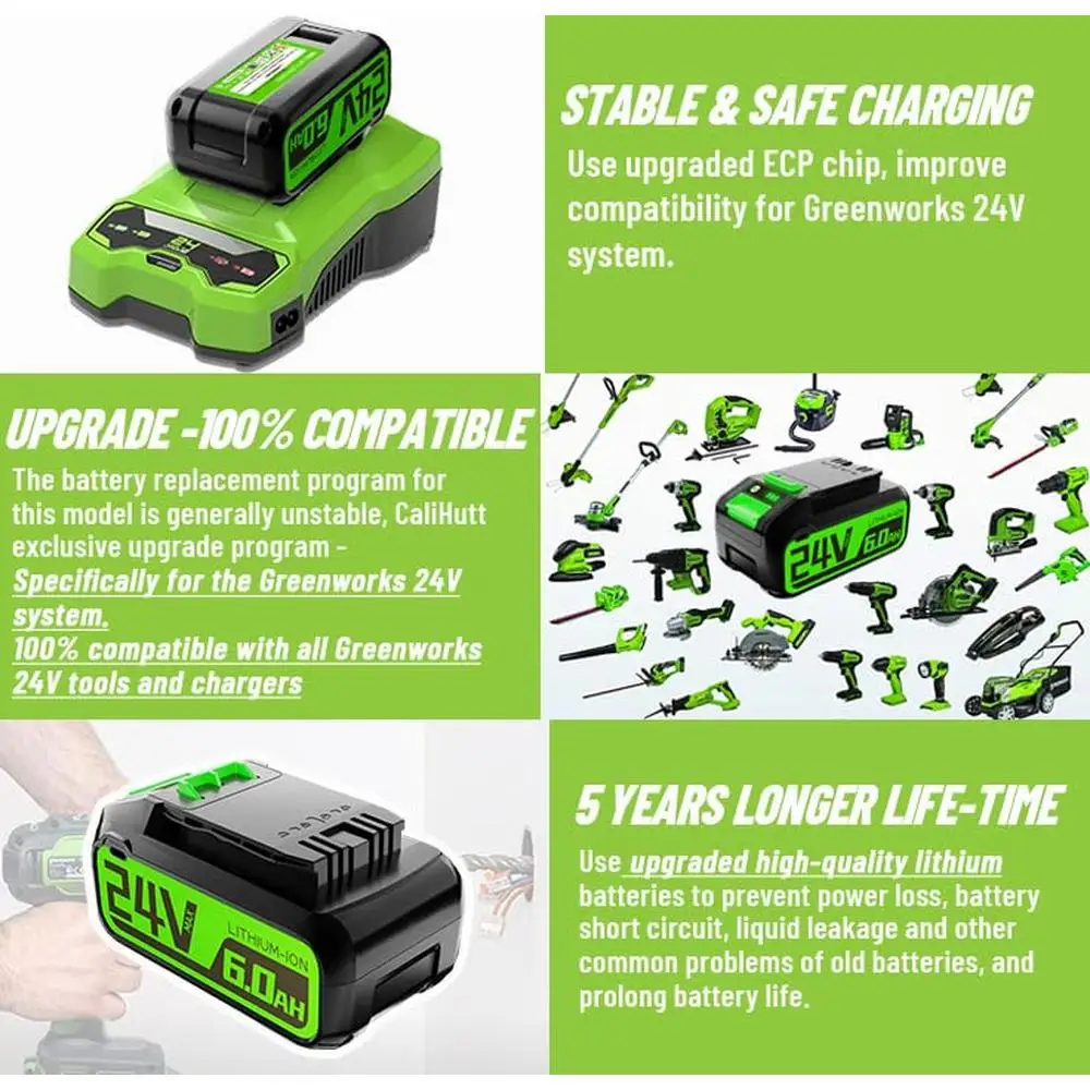 2 pacotes de substituição de bateria Greenworks 24V 6,0Ah Max 29842 29852 29322 longo tempo de execução e carga rápida compatível com todos os Greenworks