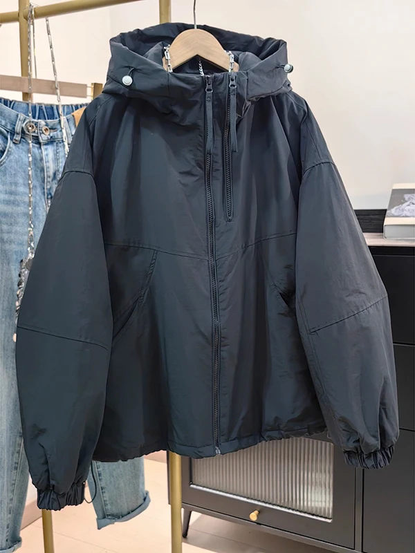

Loose Fit Double Zipper Cotton Jacket Women's Korean Style Hooded Cotton Workwear Style Coat Long Sleeve Pure Color Straight Cut